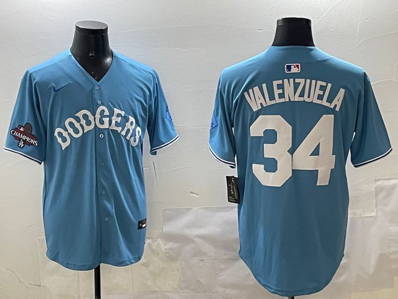 Men Los Angeles Dodgers 34 Valenzuela Light Blue Joint Name 2025 Nike MLB Jersey style 3162